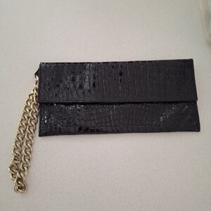 Jamah Barbi Black Croc-Embossed Clutch with Gold Chain